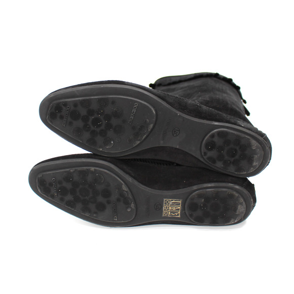 Jimmy Choo Wave Black Suede Fringe Trim Mid-Calf Moccasin Boots 37.5 Round Flats - Picture 6 of 7